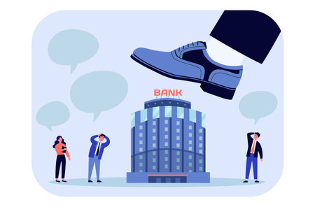 Bank collapsing vector illustration. Big foot stepping on bank building, scared workers and depositors panicking. Bankruptcy, financial crisis, deposit growth, bank failure conceptのイラスト素材