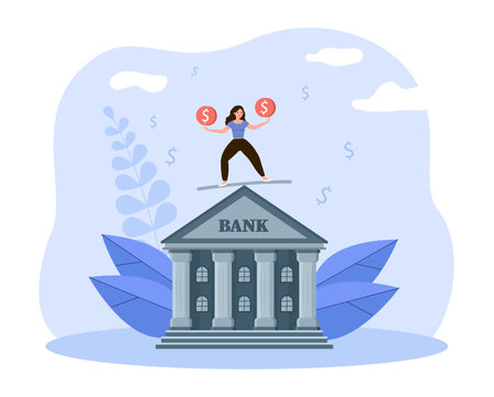 Woman with coins balancing on top of bank building. Financial or business risk or safety, loan or savings management vector illustration. Finances, bank stability, economy, investment conceptのイラスト素材