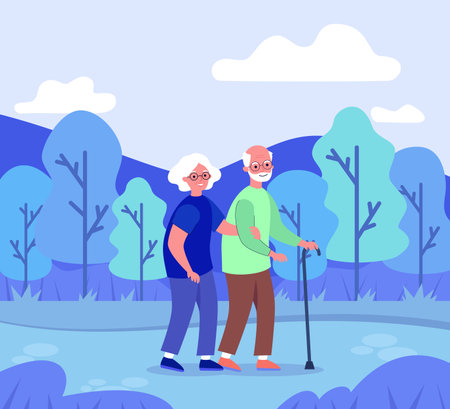 Happy senior couple walking in park vector illustration. Cartoon drawing of grandmother and grandmother with walking stick. Retirement, leisure, nature, recreation, healthy lifestyle conceptのイラスト素材