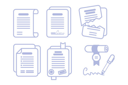 Documents or certificates vector illustrations set. Collection of business papers, files, scroll, torn contract or agreement outlines. Information, paperwork, business conceptのイラスト素材