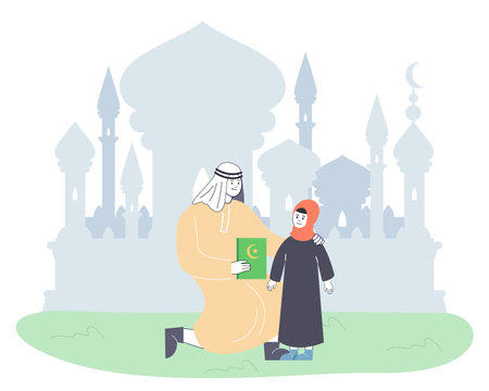 Father and daughter with Quran in front of mosque silhouette. Man showing holy book to girl, Muslims praying for Turkey vector illustration. Religion, Islam, spirituality, culture of faith conceptのイラスト素材