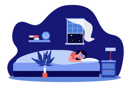 Woman lying in bed with sleeping mask on vector illustration. Cartoon drawing of girl sleeping with mask and open window, insomnia treatment, sleep improvement. Health, sleep disorder conceptのイラスト素材