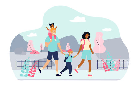 Happy interracial family walking outside vector illustration. Drawing of Caucasian father and African American mother on walk with daughter and son. Family, outdoor activity, togetherness conceptのイラスト素材
