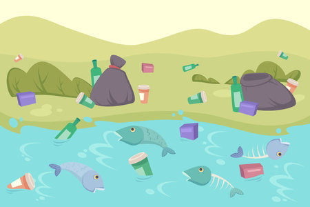 Trash on ground and dead fish in water vector illustration. Cartoon drawing of fish bones, cups floating in water, empty glass bottles and garbage bags. Ecology, environment, climate change conceptのイラスト素材