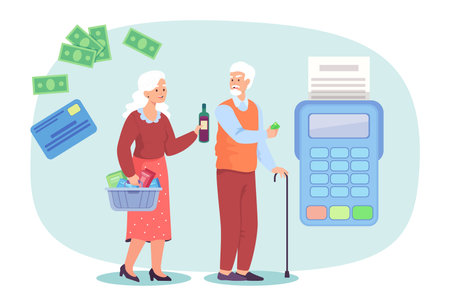 Elderly couple paying for groceries with credit card. Senior man and woman, cash and big credit card reader or scanner vector illustration. Finances, shopping, payment, old age conceptのイラスト素材