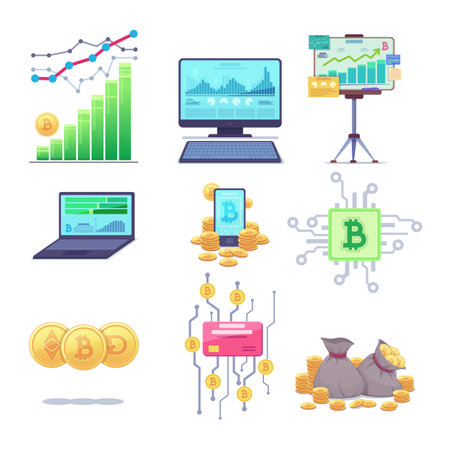 Cryptocurrency charts and elements vector illustrations set. Collection of drawings of gold coins, sacks with money, phone, laptop, presentation board. Cryptocurrency, technology, finances conceptのイラスト素材