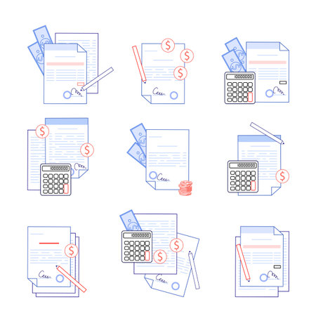 Invoices or documents with money vector illustrations set. Cartoon drawings of contracts with cash and calculators, outlines of bills or receipts. Information, finances, management, accounting conceptのイラスト素材