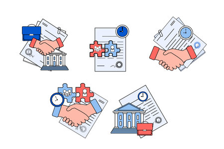 Public and private sectors deal vector illustrations set. Long term contracts, handshakes, agreement between public and private sectors. Partnership, management, government, finances conceptのイラスト素材