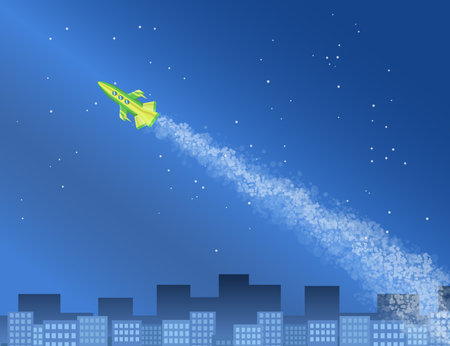 ellow rocket flying in night sky vector illustration. Drawing of aircraft contrail or smoke above city buildings, trailing effect or cloud of spaceship. Aviation, transportation, space conceptのイラスト素材