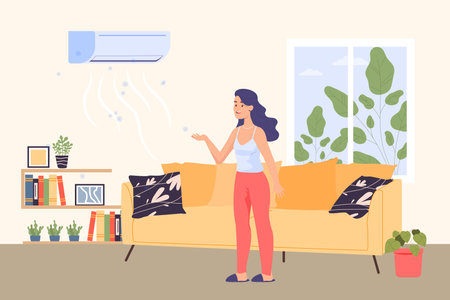 Happy woman and air conditioner blowing cold air in living room. Girl controlling temperature at home using air conditioning system vector illustration. Appliances, technology, climate conceptのイラスト素材