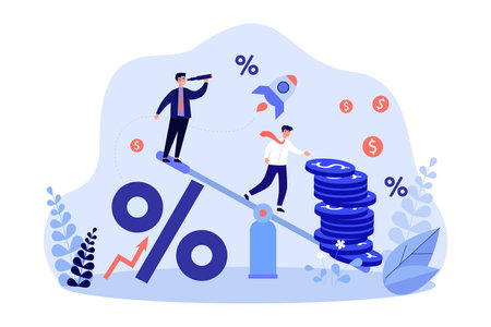 Businessmen on swing scales vector illustration. Percentage symbol going up while money falling down, people worrying about finance and investments. Fighting inflation, raising interest rates conceptのイラスト素材