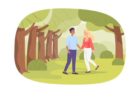 Happy interracial couple walking in park vector illustration. African American man with Caucasian woman having date in forest at summer. Love, interracial relationship, nature conceptのイラスト素材