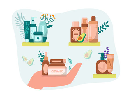 Designs for natural beauty products vector illustrations set. Collection of cartoon drawings of packaging for organic cosmetics, tubes, jars and bottles. Cosmetology, skincare, beauty conceptのイラスト素材