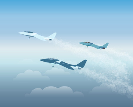 Military fighter jets flying in sky vector illustration. Military eagle planes taking off for exercise or training above airport. Aviation, air transportation, flight, army conceptのイラスト素材