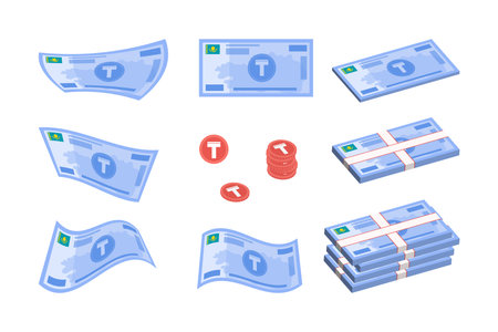 Packs of Kazakh Tenge banknotes vector illustrations set. Pile of coins, bills curving and falling. Financial analytics, financial management, deposit, accumulation and inheritance conceptのイラスト素材