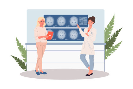 Doctors examining MRI scans pf patients vector illustration. Cartoon drawing of medical staff studying X-Rays for diagnostic report in hospital or clinic. Healthcare, medicine, diagnosis conceptのイラスト素材