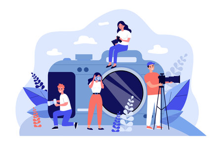 Tiny people with photo camera vector illustration. Happy photographers taking pictures and shooting videos using professional equipment. World photography day, art conceptのイラスト素材