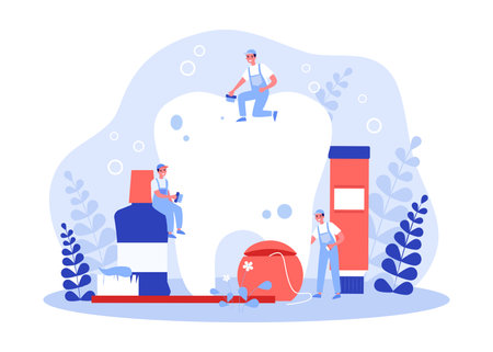 Tiny maintenance workers cleaning huge tooth vector illustration. Cartoon drawing of men in uniform with brushes, huge toothbrush, toothpaste, floss and mouthwash. Dental care, oral hygiene conceptのイラスト素材