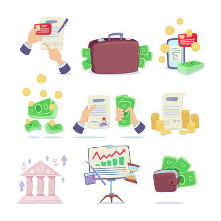 Money, income or profit vector illustrations set. Banknotes and gold coins, hands of businessmen, business chart, suitcase and wallet with dollar bills. Banking, finances, business, economy conceptのイラスト素材
