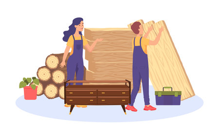 Male and female carpenters making cabinet vector illustration. Cartoon drawing of man and woman making furniture out of wood or wooden boards. Furniture, carpentry, materials conceptのイラスト素材