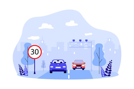 Drivers obeying speed level in city vector illustration. Road sign warning cars to move slowly to reduce level of accidents and air pollution. Transportation, safety, ecology conceptのイラスト素材