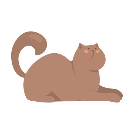 Beige or brown cat character lying vector illustration. Cartoon drawing of cute comic kitten sitting or lying isolated on white background. Pets or domestic animals conceptのイラスト素材
