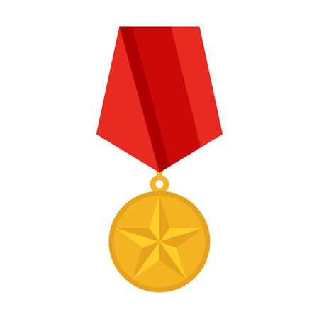 Military round medal with star vector illustration. Cartoon drawing of gold medallion with red ribbon isolated on white background. Reward, army, achievement conceptのイラスト素材