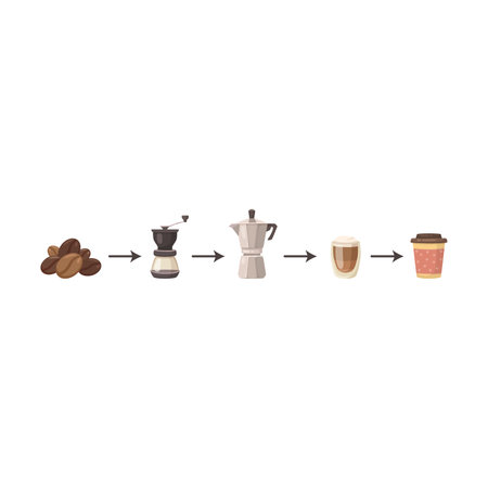 Process of making coffee vector illustration. Stages of coffee production, beans, grinder, coffee machine, glass and plastic or paper cup isolated on white background. Beverageのイラスト素材