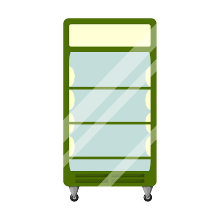 Tall shelf or glass shop display vector. Drawing of refrigerator for product showcase in stores isolated on white background. Shopping, retail conceptのイラスト素材