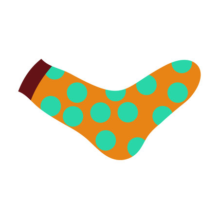 Orange sock with circle pattern vector illustration. Cartoon drawing of colorful sock for children and adults isolated on white background. Fashion, accessory, clothes conceptのイラスト素材