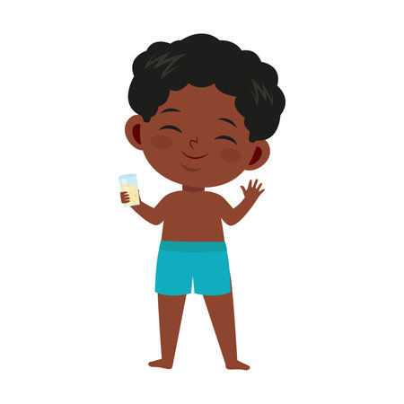 African American boy in swimwear vector illustration. Adorable kid holds glass with cool carbonated drink isolated on white background. Fashion, childhood, vacation, summer holidays conceptのイラスト素材
