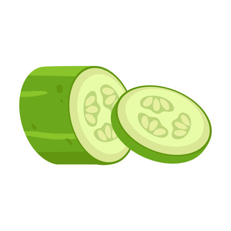 Sliced cucumber or zucchini vector illustration. Cartoon drawing of slices of green vegetable, cut cucumber or zucchini. Food, nutrition, diet conceptのイラスト素材