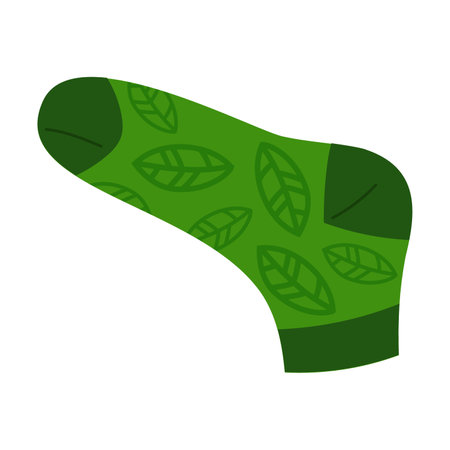 Colorful socks with leaves design vector illustration. Drawing of green socks with tree leaf print for adults and children isolated on white background. Fashion, accessory, clothes conceptのイラスト素材