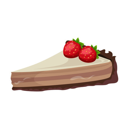 Slice of cake with strawberries vector illustration. Cartoon drawing of piece of chocolate cake with strawberries. Dessert, food conceptのイラスト素材
