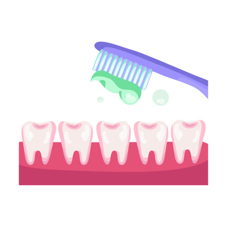 Toothbrush with toothpaste cleaning teeth vector illustration. Cartoon drawing of white healthy teeth and pink gum on blue background. Stomatology or dentistry, health conceptのイラスト素材