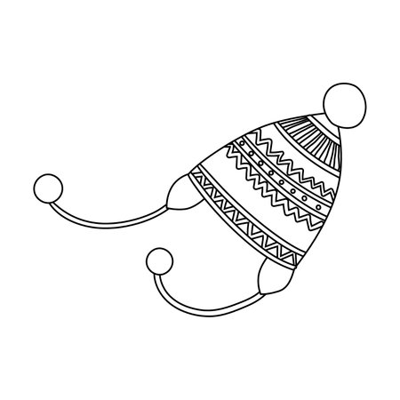Black outline of knitted hat with pompom vector illustration. Doodle of male and female accessory for winter isolated on white background. Fashion, charity, seasons, winter conceptのイラスト素材