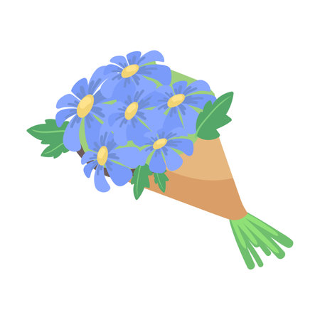 Beautiful blue flowers in paper wrap vector illustration. Cartoon drawing of colorful bouquets isolated on white background. Nature, beauty, spring, celebration conceptのイラスト素材