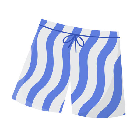 Blue and white swimming trunks for men or boys illustration. Cartoon drawing of blue and white shorts for beach holiday isolated on white background. Swimwear, fashion, summer, vacation conceptのイラスト素材