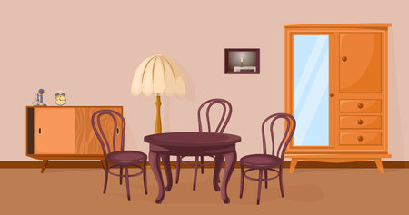 Antique furniture in living room vector illustration. Wooden table, chairs, wardrobe and floor lamp, vintage clock and telephone on drawer. History, culture, interior design conceptのイラスト素材