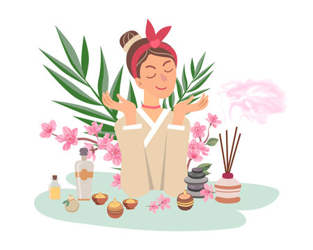 Woman enjoying relaxing fragrant scent vector illustration. Essential oils, aroma diffusers, candle and flowers helping people relax. Aromatherapy, health care, mental peace conceptのイラスト素材