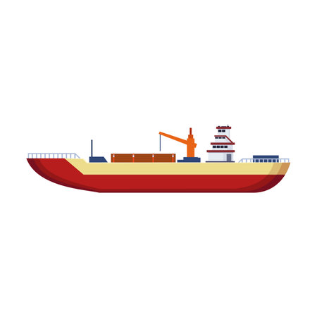 Side view of dry cargo carrier on white background. Cargo vessel or bulker cartoon illustration. Industrial or commercial freight. Cargo, shipping conceptのイラスト素材