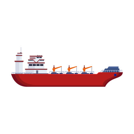 Dry cargo boat on white background. Side view of cargo vessel or bulk carrier cartoon illustration. Industrial or commercial freight. Cargo, shipping conceptのイラスト素材