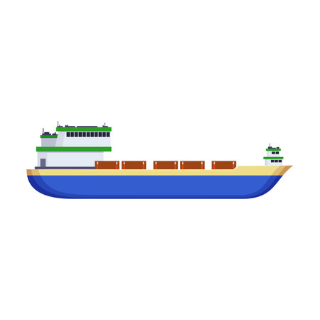 Side view of bulker on white background. Cargo ship or barge cartoon illustration. Commercial or industrial freight. Cargo, shipping conceptのイラスト素材