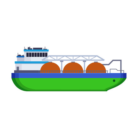 Lowered natural gas tanker on white background. Side view of chemical tanker cartoon illustration. Cargo, shipping conceptのイラスト素材