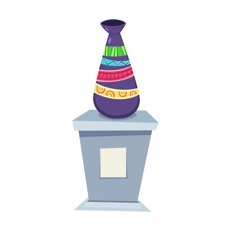 Modern ceramic vase with traditional ornament on white background. Art museum exhibit cartoon illustration. Modern art conceptのイラスト素材