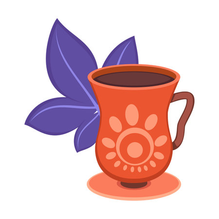 Ceramic mug on saucer decorated with ornament, with hot drink isolated on white background. Cozy autumn elements cartoon illustration. Autumn, drink, breakfast conceptのイラスト素材