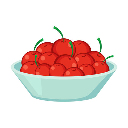 Bowl of cherries vector illustration. Cartoon drawing or sticker of tea time element isolated on white background. Desserts, pastry conceptのイラスト素材