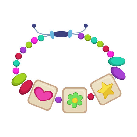 Bracelet from colorful beads for kids on white background. Beaded necklace, jewelry for children cartoon illustration. Accessories, fashion conceptのイラスト素材