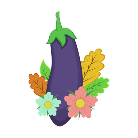 Eggplant with autumn leaves and flower on white background. Autumn harvesting and seasonal vegetables cartoon illustration. Autumn of fall conceptのイラスト素材