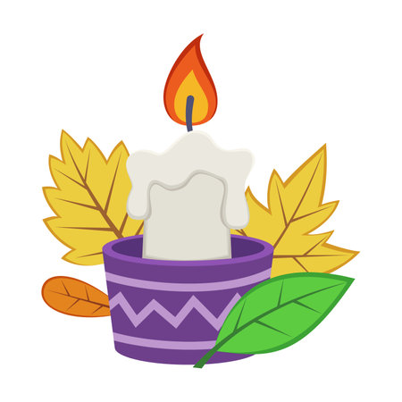 Burning wax candle hidden in autumn leaves on white background. Cozy autumn elements cartoon illustration. Autumn, season conceptのイラスト素材